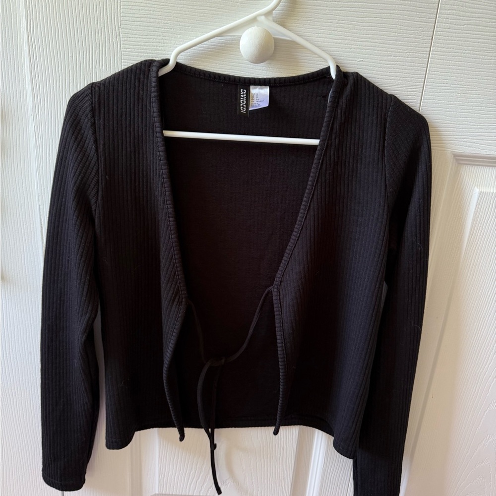 Black Ribbed Open Tie Front Cardigan